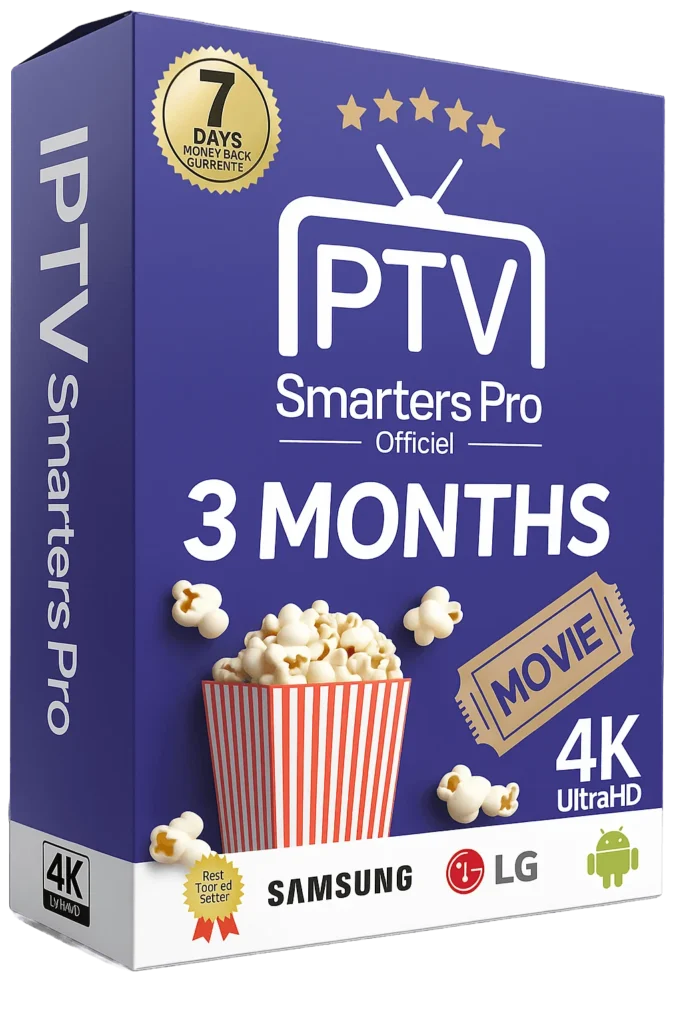 3-month IPTV Smarters Pro subscription with popcorn movie box design