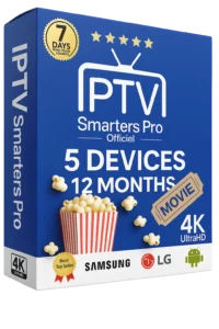 IPTV Smarters Pro subscription for 5 devices over 12 months with 4K support