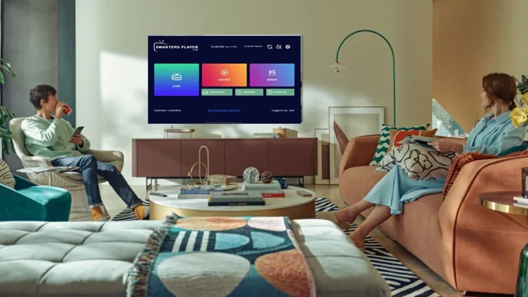 Promotional image for IPTV Smarters Pro showing access to live TV, movies, and series on various smart devices