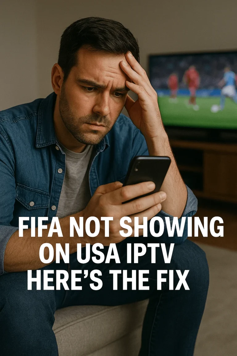 Frustrated man holding phone, TV in background shows FIFA match
