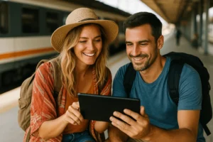 Couple regardant la TV sur une tablette à la gare en attendant leur train