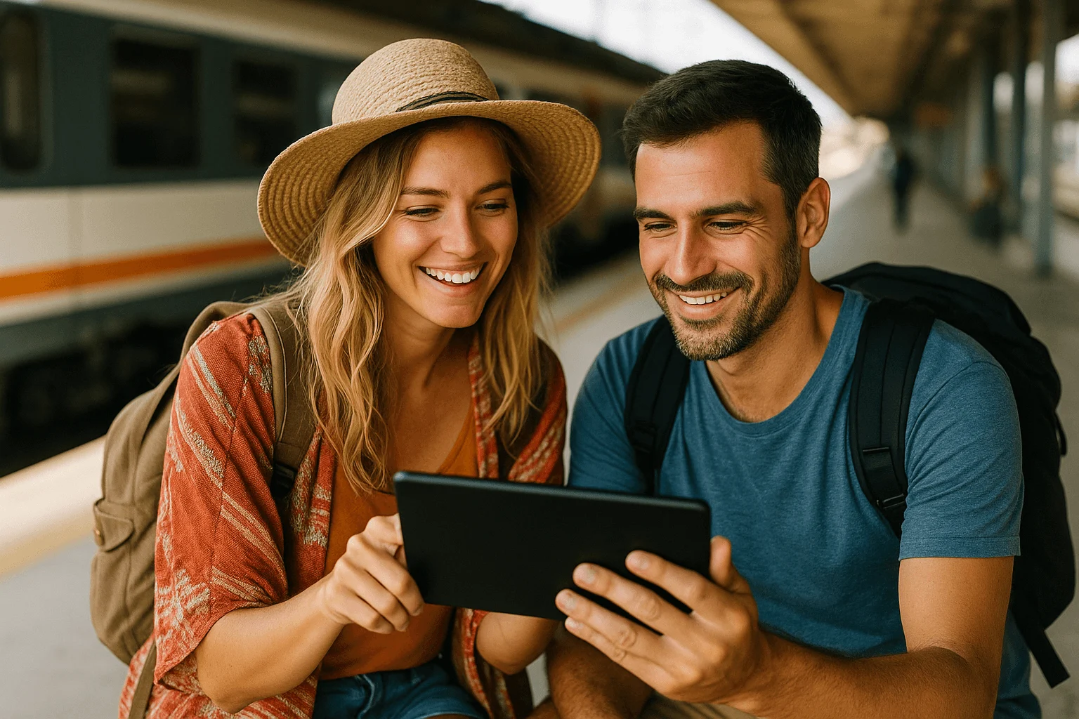 Couple regardant la TV sur une tablette à la gare en attendant leur train