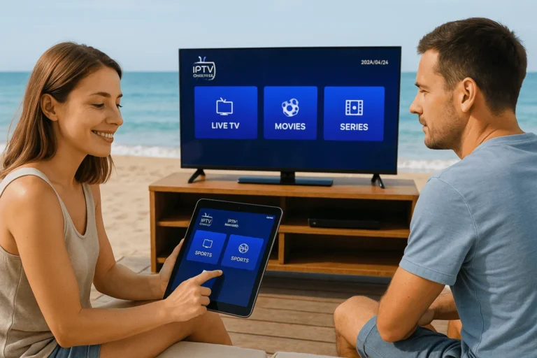 Couple regardant IPTV sur une tablette et une TV à la plage, interface affichée