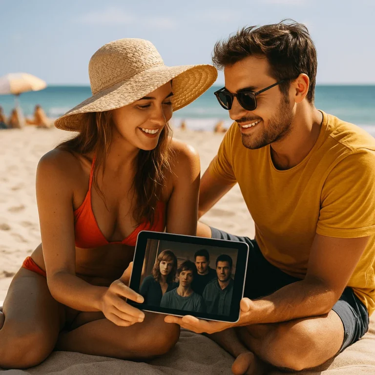 Jeune couple regardant une série sur tablette à la plage avec IPTV Smarters Pro