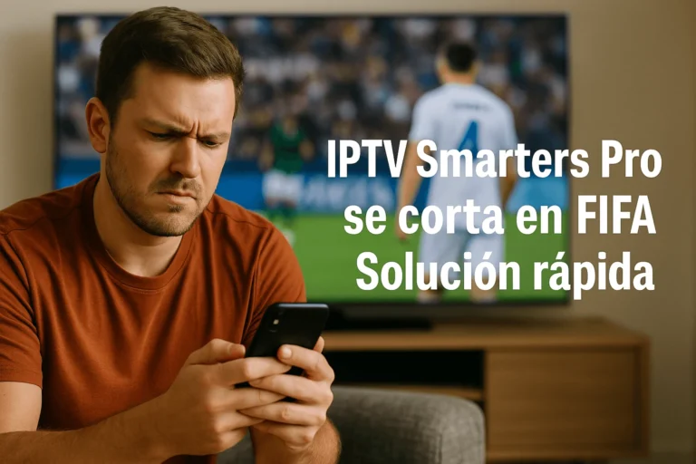 Hombre mira su móvil frustrado con partido FIFA en TV de fondo