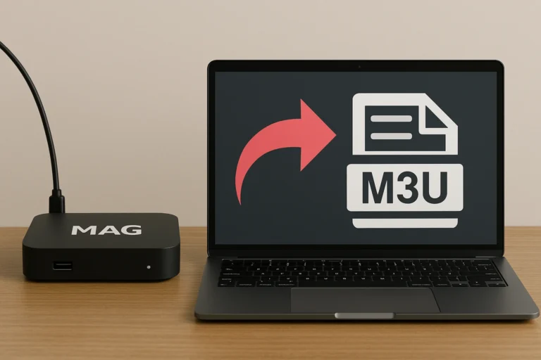 Interfaz del decodificador MAG mostrando cómo exportar la configuración a una lista M3U