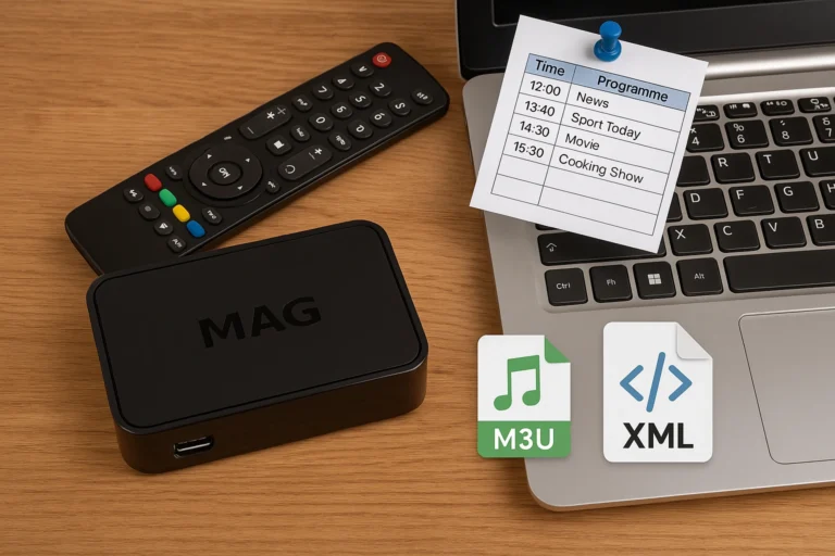 MAG-Box mit Setup-Screen für M3U-Playlist und XML-EPG-Integration