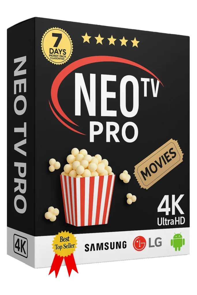 NeoTV Pro IPTV subscription box with bold red and white design, popcorn graphic, and Samsung, LG, Android compatibility icons.