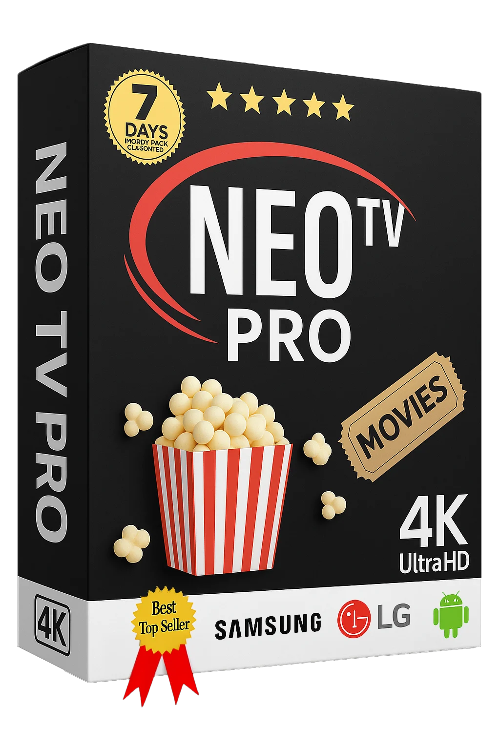 NeoTV Pro IPTV subscription box with bold red and white design, popcorn graphic, and Samsung, LG, Android compatibility icons.