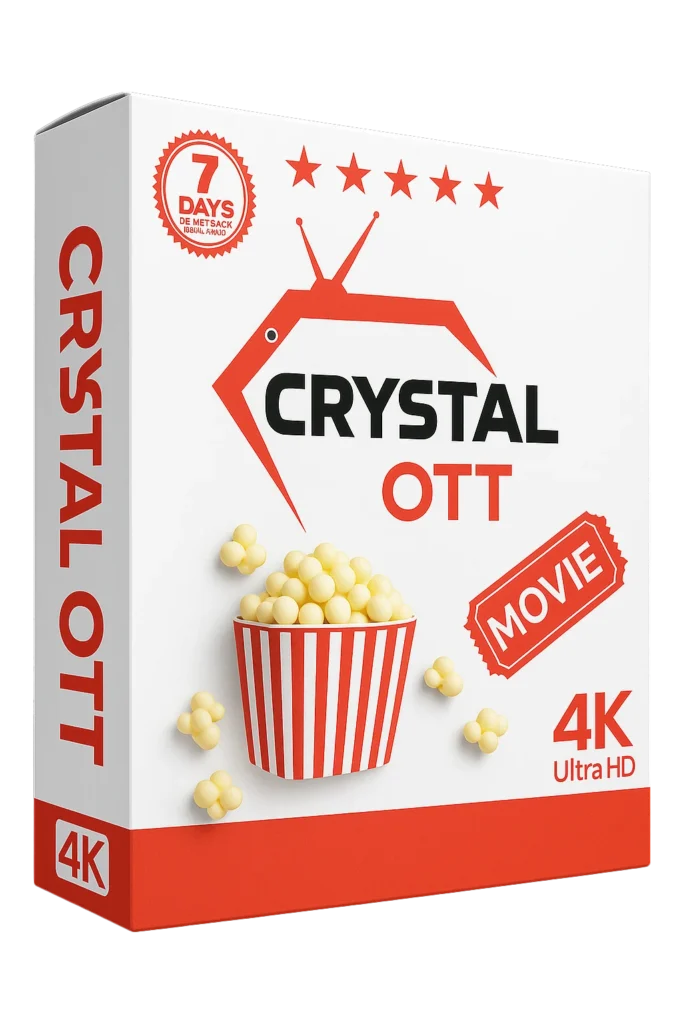 Crystal OTT IPTV subscription box with red and white branding, popcorn icon, and 4K Ultra HD label.