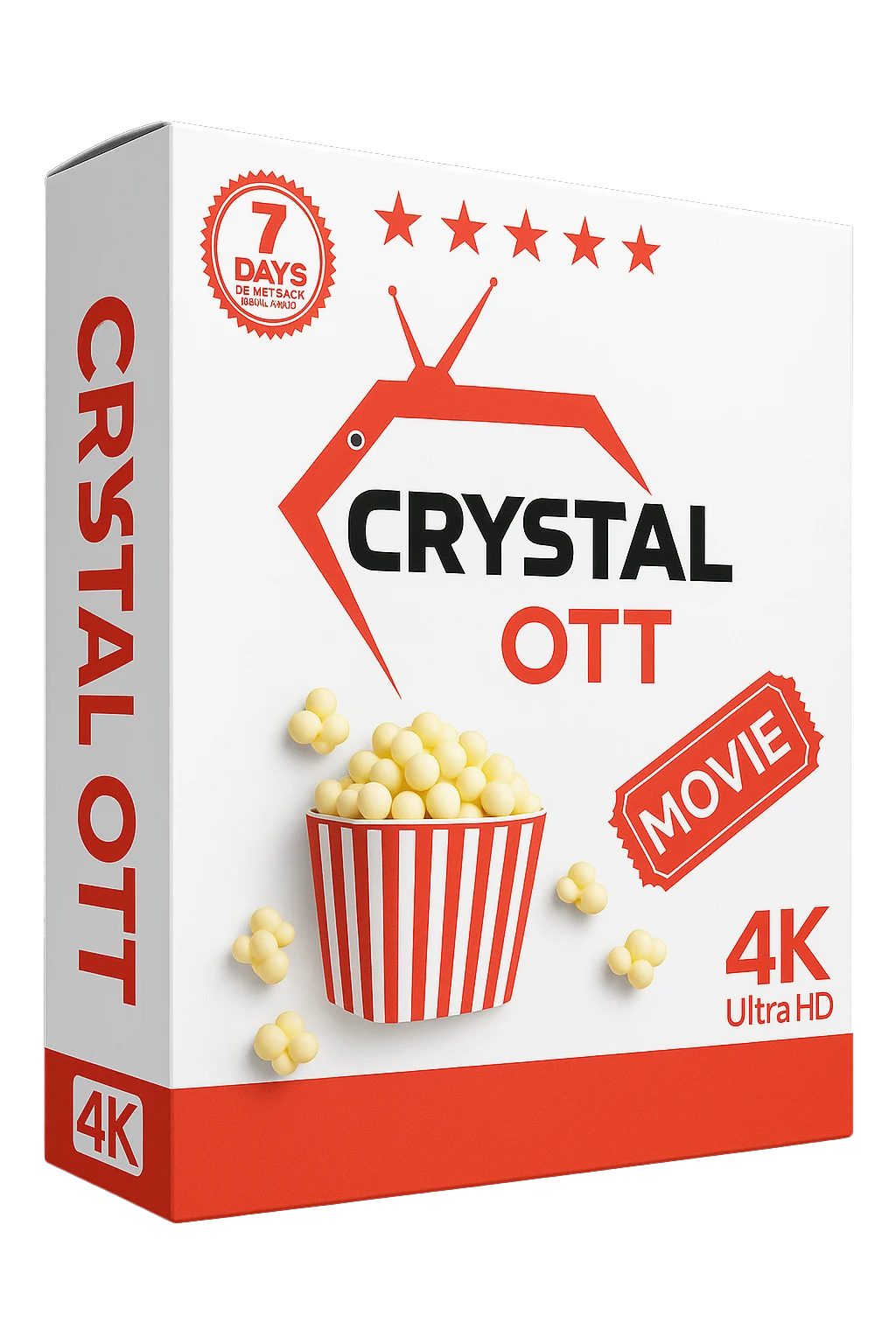 Crystal OTT IPTV subscription box with red and white branding, popcorn icon, and 4K Ultra HD label.