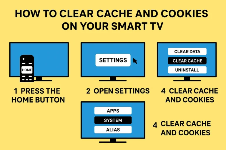 Step-by-step visual guide showing how to clear cache and cookies on a Smart TV screen, including remote, settings, and clear options.