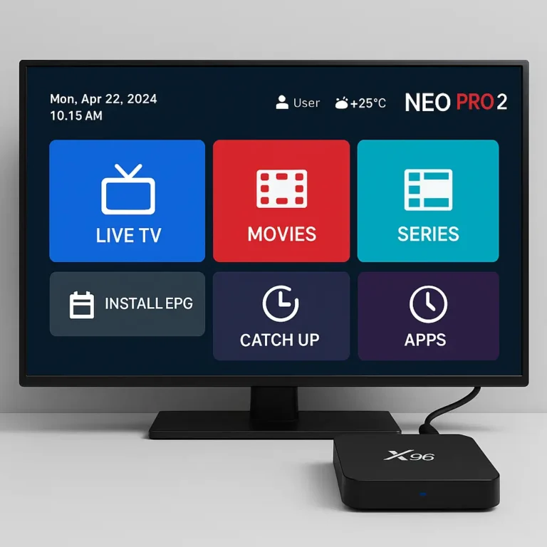 X96 Smart TV box connected to a flat-screen showing the NEO PRO 2 IPTV app interface with live TV, movies, and series options.