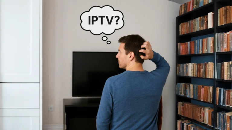 Man scratching his head in front of a TV with a thought bubble showing “IPTV?”
