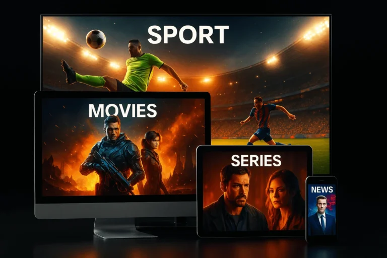 IPTV content shown on multiple devices including TV, desktop, tablet, and phone labeled as SPORT, MOVIES, SERIES, and NEWS