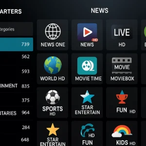 IPTV app interface with category sidebar and grid of custom channels like NEWS ONE, MOVIEBOX, SPORTS HD
