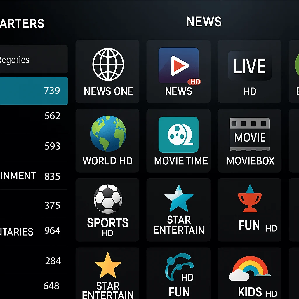IPTV app interface with category sidebar and grid of custom channels like NEWS ONE, MOVIEBOX, SPORTS HD