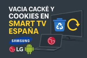 Guía en español para vaciar caché y cookies en Smart TV Samsung, LG y Android en España con iconos de reciclaje y actualización
