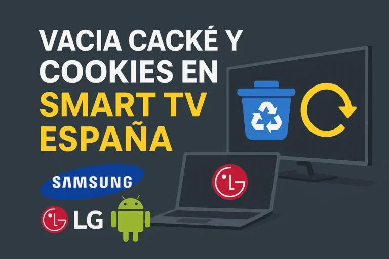 Guía en español para vaciar caché y cookies en Smart TV Samsung, LG y Android en España con iconos de reciclaje y actualización