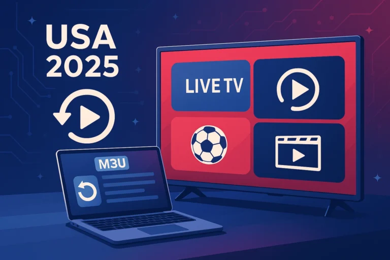 Futuristic USA 2025 streaming concept with smart TV and laptop showing M3U playlist and replay icons