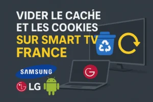 Guide visuel en français pour vider le cache et les cookies sur Smart TV Samsung, LG et Android en France avec icônes de corbeille et actualisation