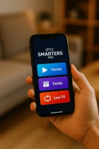 IPTV Smarters Pro app showing Movies, Series, and Live TV options