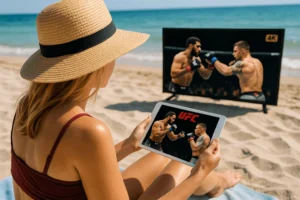 Femme regardant un combat UFC en streaming sur IPTV Smarters Pro depuis une terrasse d'été