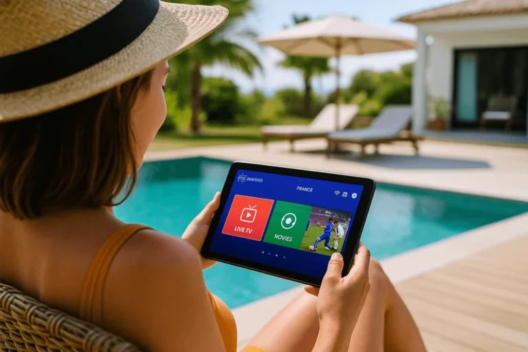 Femme française regardant la télévision en direct sur tablette au bord d’une piscine en vacances