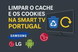 Guia em português para limpar cache e cookies em Smart TV Samsung, LG e Android em Portugal com ícones de reciclagem e atualização