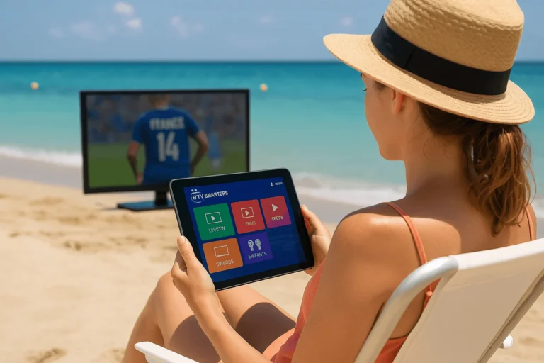 Femme regardant IPTV Smarters Pro sur tablette à la plage, TV en arrière-plan avec match de foot