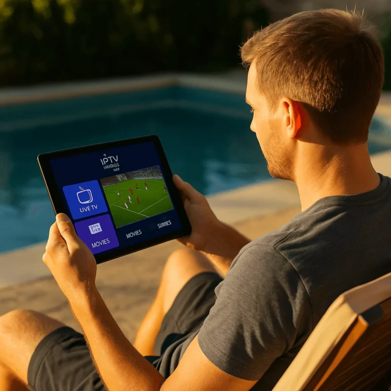 Homme regardant un match de foot en direct sur tablette avec IPTV Smarters Pro au bord d’une piscine
