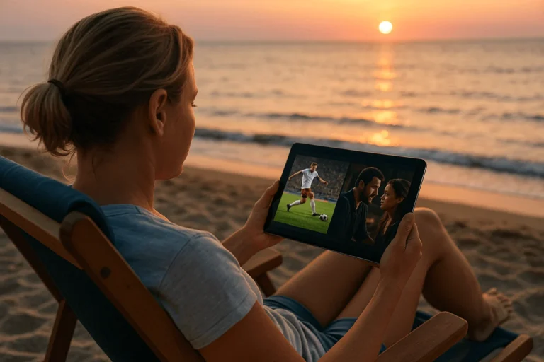 Femme regardant un film et un match de football sur tablette à la plage au coucher du soleil