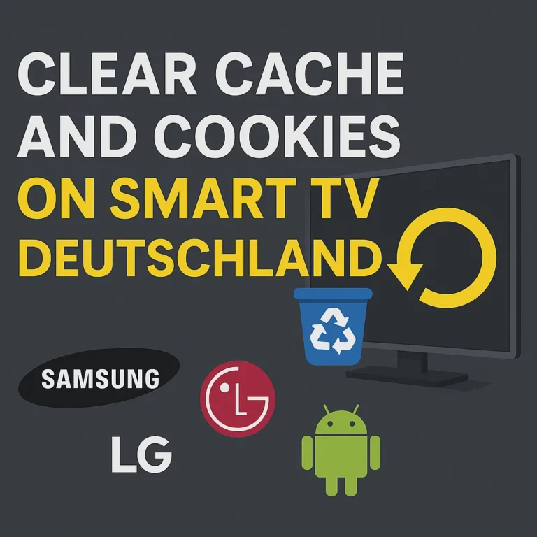 Infografik in Deutsch zum Löschen von Cache und Cookies auf Smart TV Samsung, LG und Android in Deutschland mit Symbolen für Papierkorb und Aktualisierung