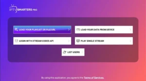 IPTV Smarters Pro home screen with playlist upload, Xtream codes login, and single stream options
