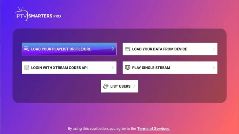 IPTV Smarters Pro home screen with playlist upload, Xtream codes login, and single stream options