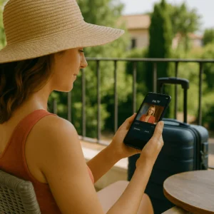 Woman watching IPTV on phone while relaxing on a terrace during summer vacation