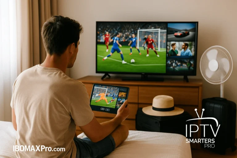 Homem assistindo esportes ao vivo com IPTV no quarto com ventilador ligado – clima de verão, TV mostrando futebol ou corrida