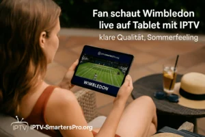 Woman watching Wimbledon live on IPTV tablet on a summer patio