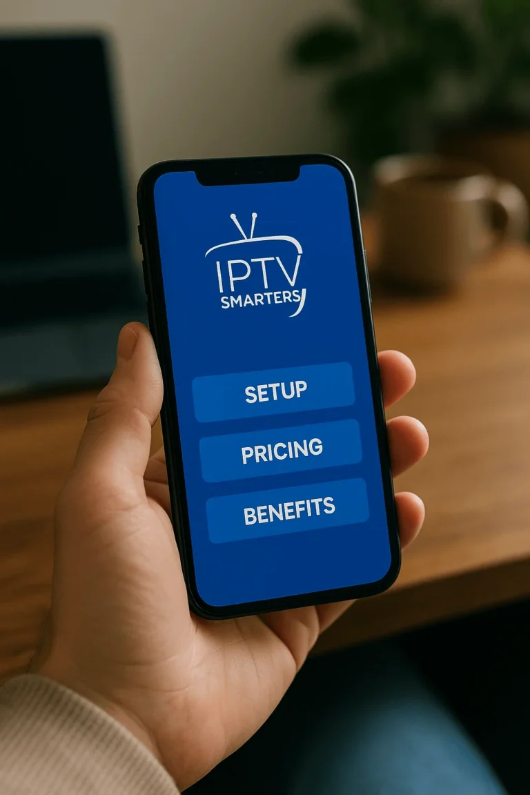 Smartphone displaying IPTV Smarters Pro setup, pricing, and benefits