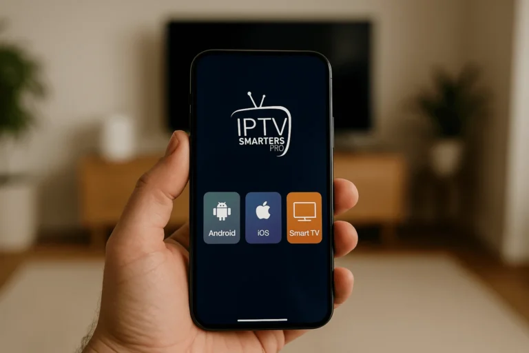 IPTV Smarters Pro app showing Android, iOS, and Smart TV icons on smartphone