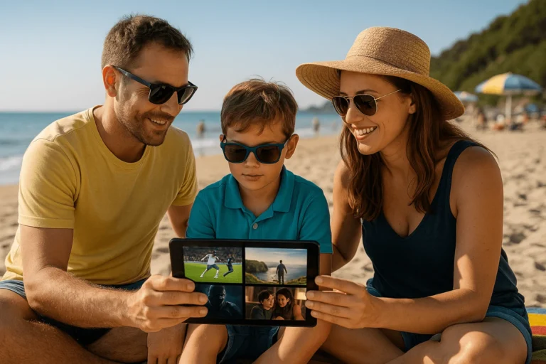 Famille française regardant IPTV sur une tablette à la plage en été
