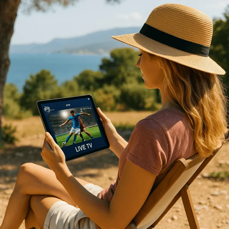 Femme en vacances regardant un match de foot français sur tablette avec IPTV Smarters Pro