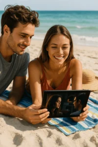 Couple regardant un film sur une tablette à la plage avec IPTV Smarters Pro
