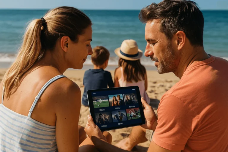 Famille française regardant IPTV sur une tablette à la plage en été