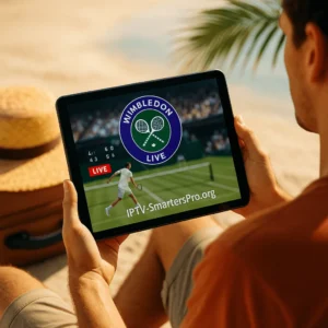 Person watching Wimbledon live on IPTV tablet at the beach