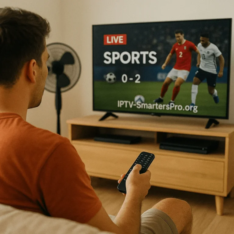 Mann schaut IPTV auf dem Sofa und sieht Live-Fußballspiel auf dem Fernseher