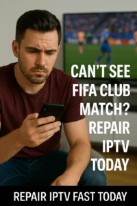 Frustrated man checking smartphone while FIFA Club match plays on TV