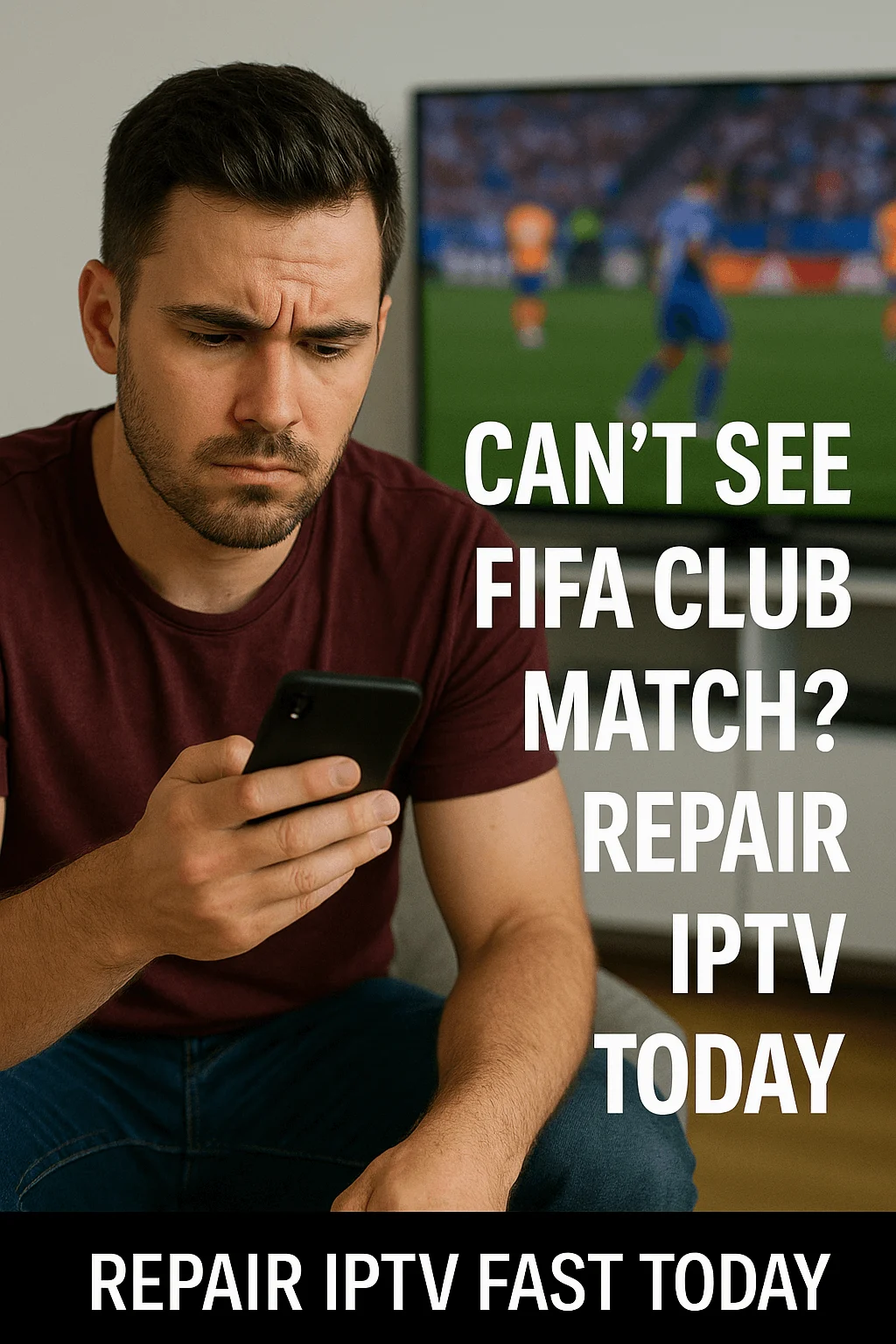 Frustrated man checking smartphone while FIFA Club match plays on TV