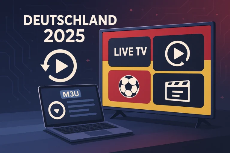 Futuristic Germany 2025 streaming setup with smart TV and laptop showing M3U playlist and replay icons in German flag colors