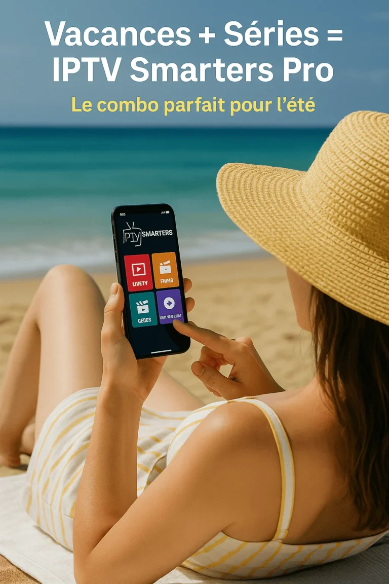 Femme regardant des séries avec IPTV Smarters Pro à la plage